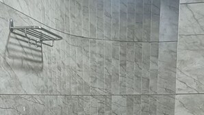 Un baño con inodoro, zona de ducha y pared de mármol.
