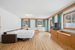 A modern hotel room with a wooden floor, a bed with a wooden headboard, a TV on a wooden console, and large windows with curtains. - Apartment in a quiet location in Mittersill (Mittersill)