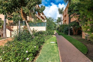 Un chemin bordé d’une végétation luxuriante et un bâtiment doté de balcons.