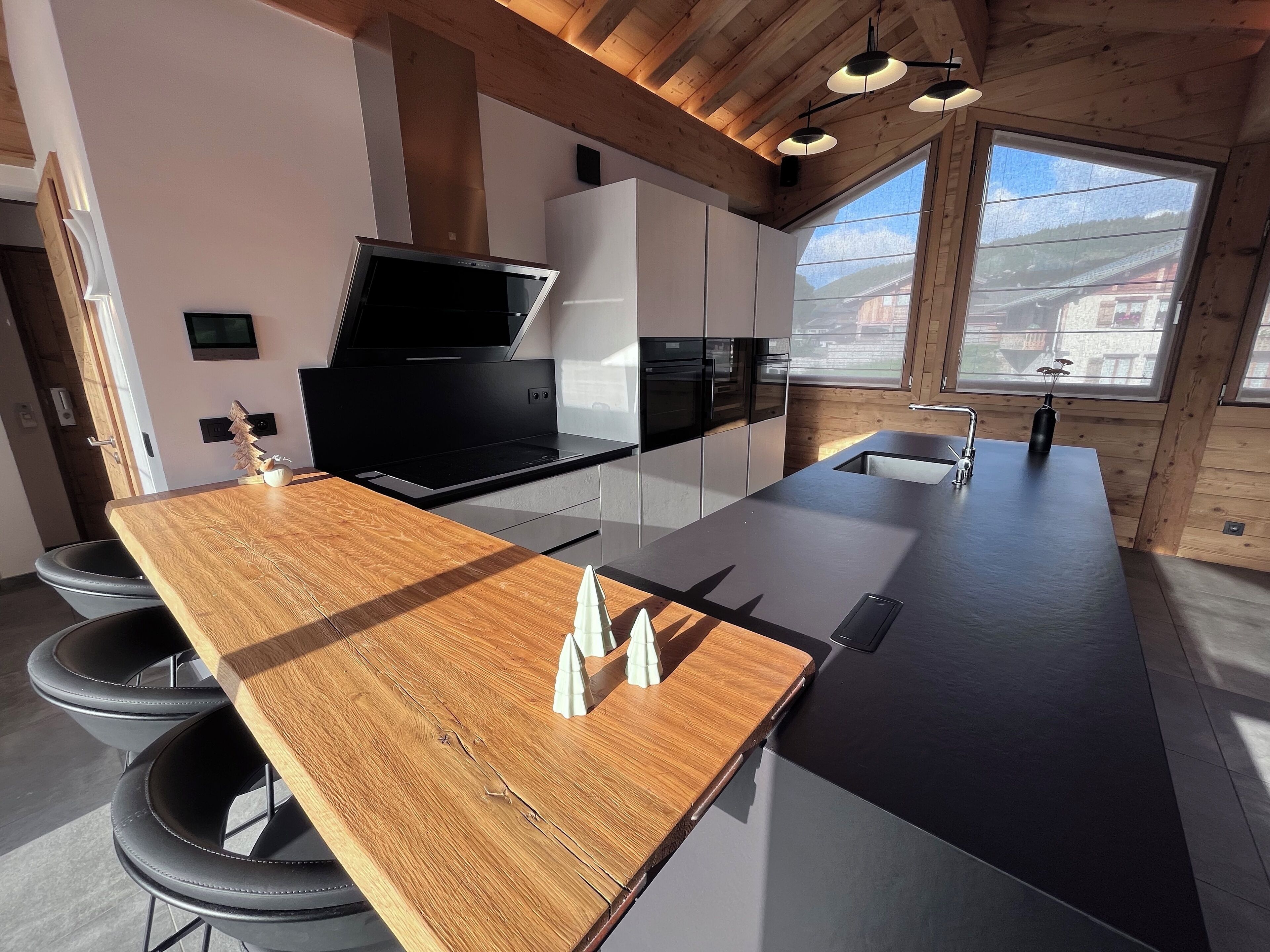 Full-sized fridge, oven, stovetop, dishwasher