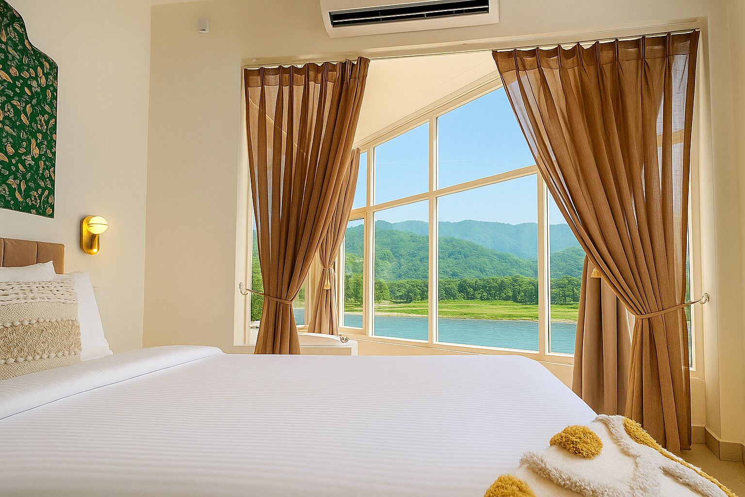 A hotel room with a large bed, a view of a lake and mountains, and a wall-mounted air conditioner.