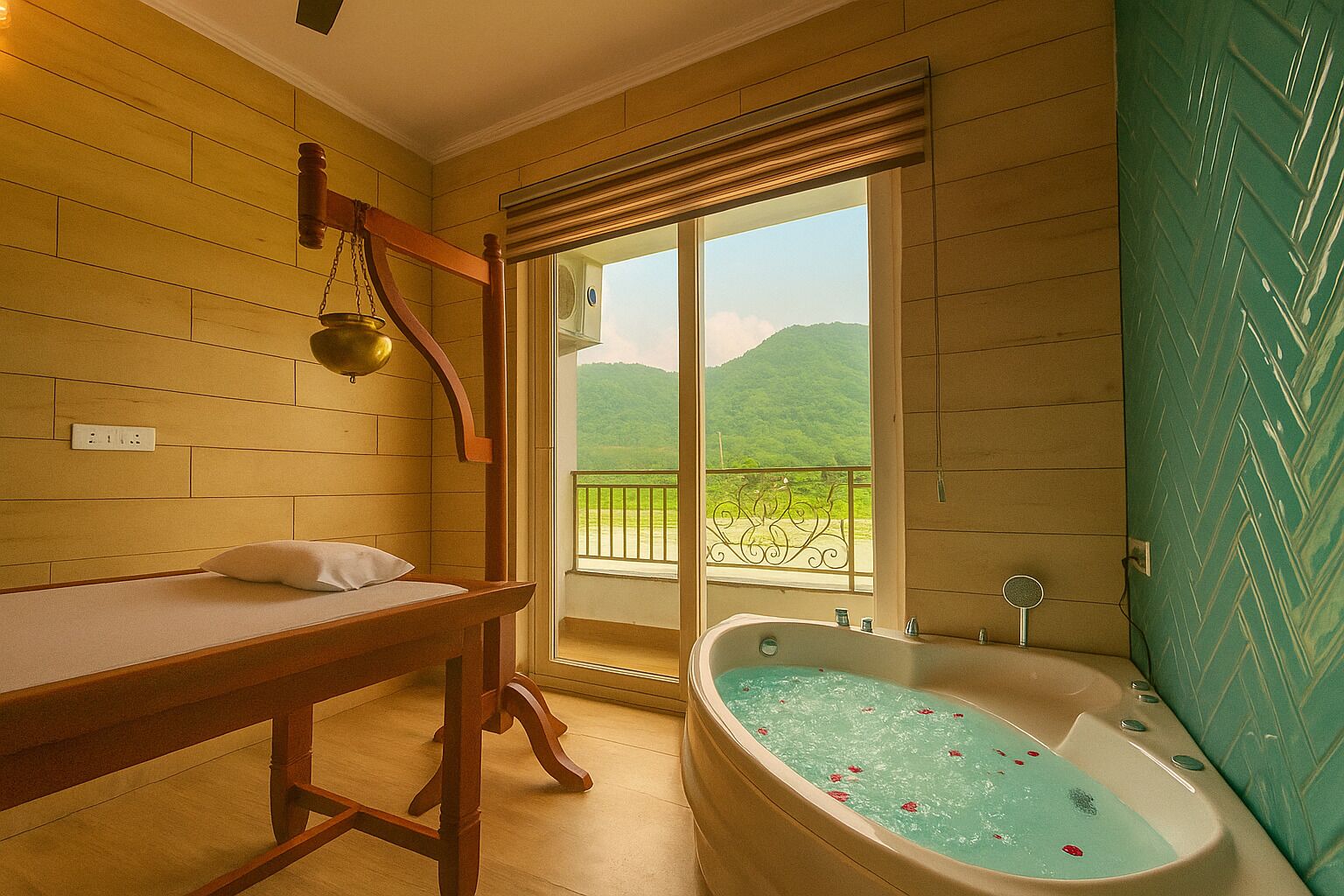 A bathroom with a wooden bench, a bathtub with rose petals, and a view of green hills through a balcony.