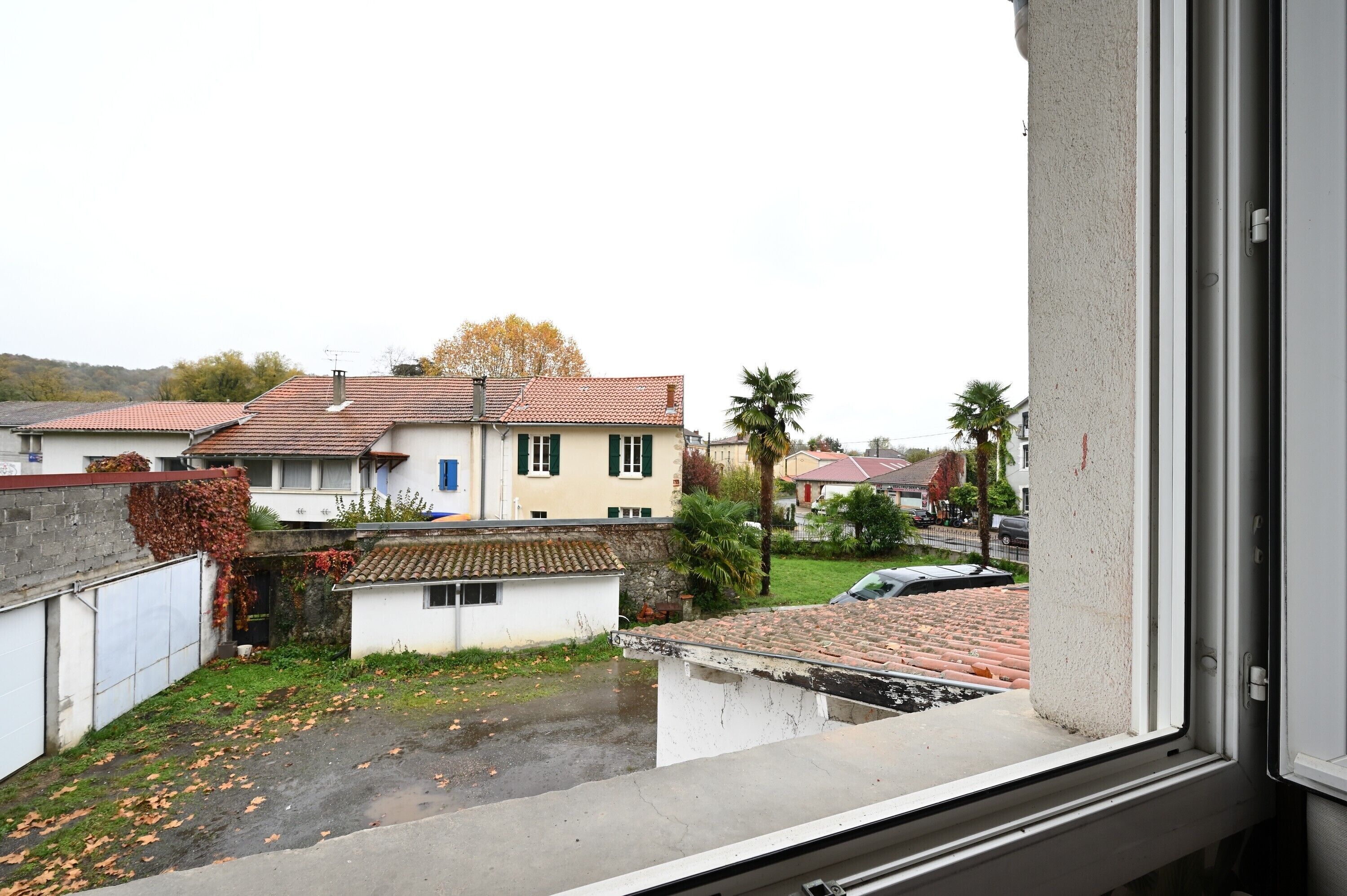 A residential area with houses, a small building, and a palm tree.