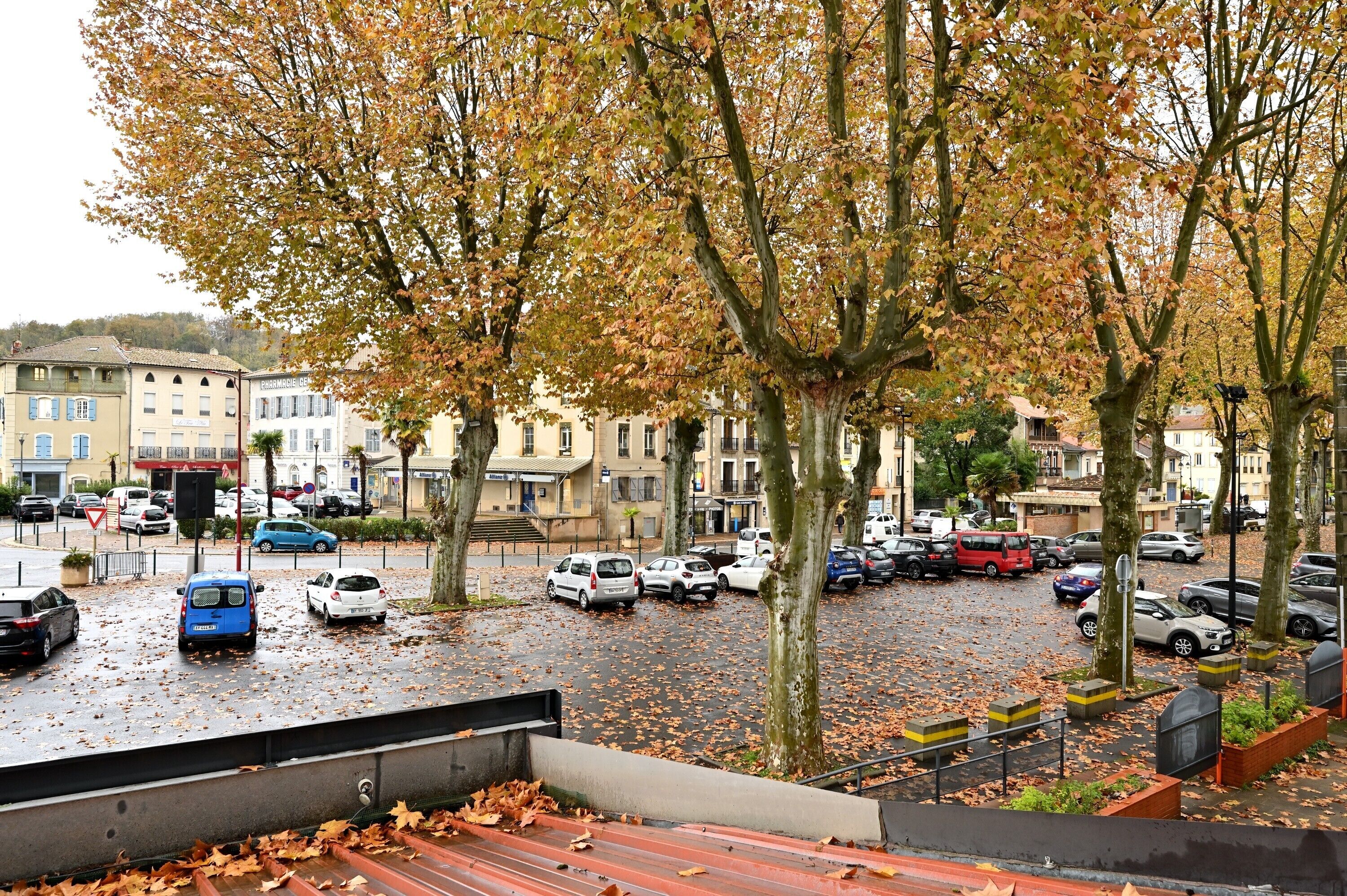 A parking lot with cars and trees, buildings in the background, and a wet ground.