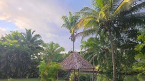 Um gazebo com telhado de palha num jardim exuberante com palmeiras e um lago.