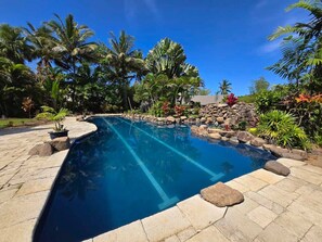Una piscina de borde curvo, rodeada de rocas y plantas tropicales.
