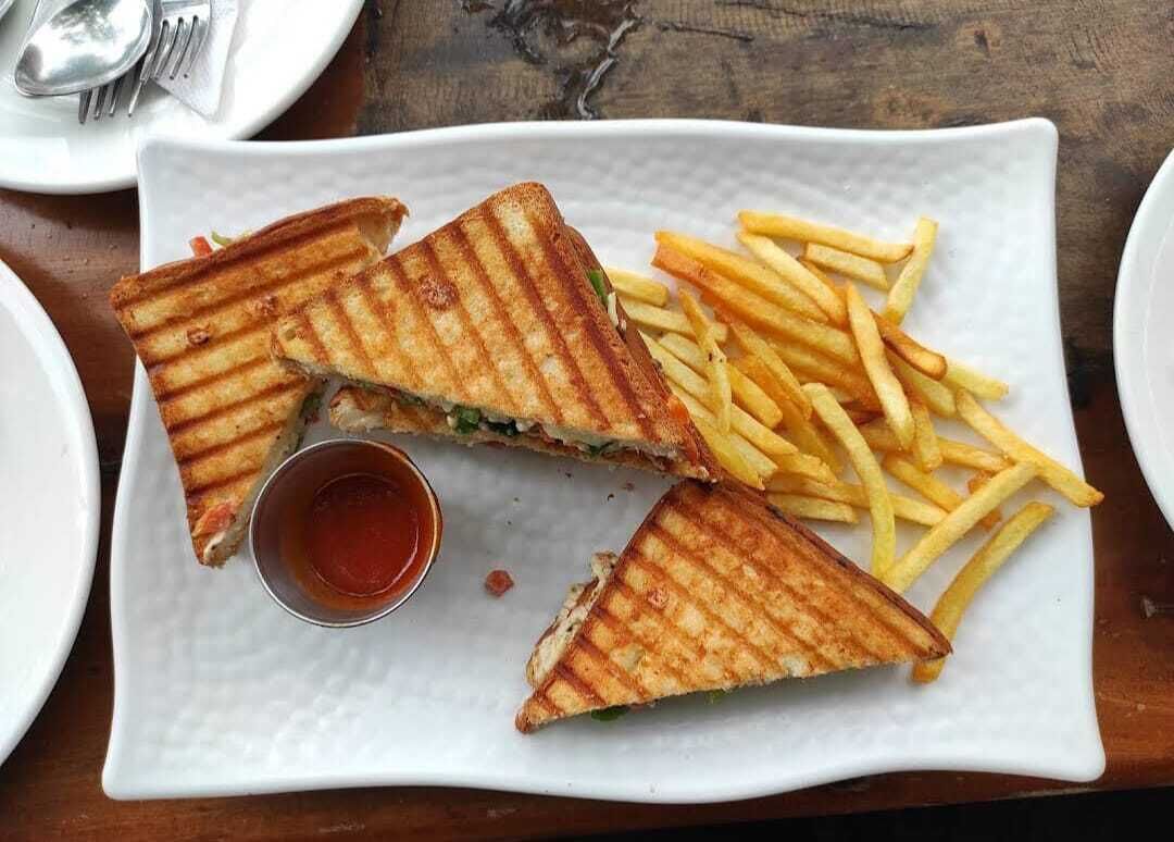 Un panino alla griglia tagliato a triangoli, servito con patatine fritte e una piccola porzione di ketchup su un piatto bianco.