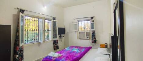 Un dormitorio con una cama, ventilador de techo, televisión y ventana con vista a la vegetación.