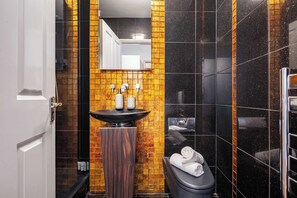 Chuveiro, secador de cabelo, toalhas de banho, sabonete