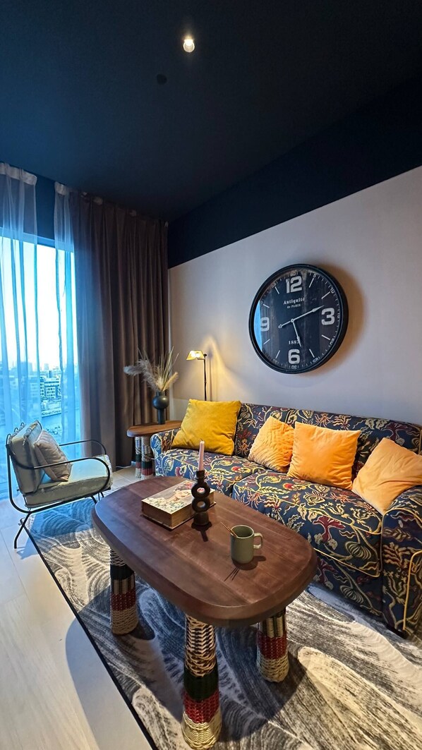 Apartment, 1 Bedroom, Accessible, City View | Living area - Stylish Mama Shelter 1BR Downtown Views Designer Touches (Dubai)