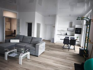 Smart TV, fireplace, books