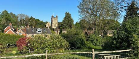 A historic church with a tall tower, surrounded by lush greenery and residential buildings.