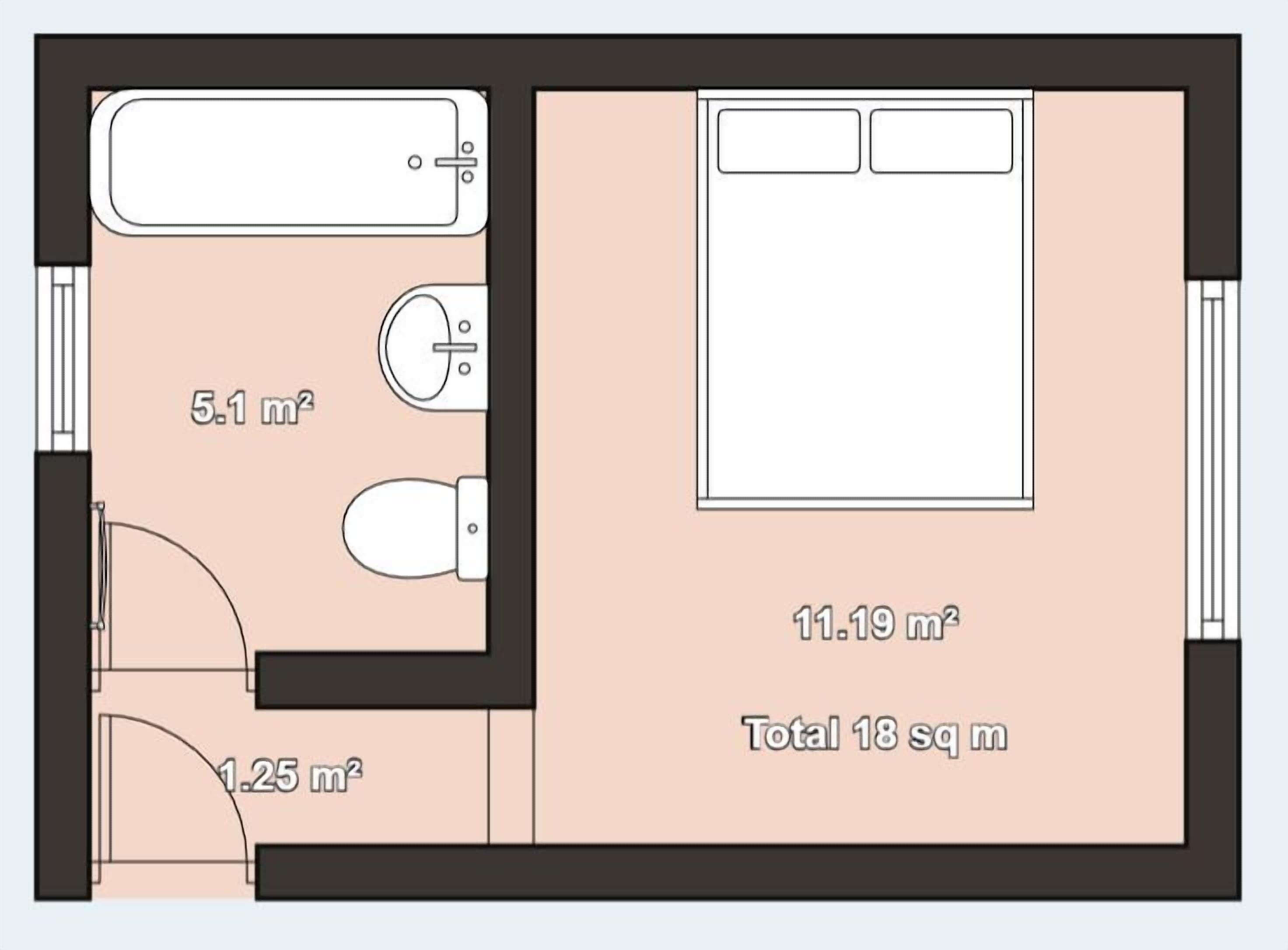 A bathroom layout with a shower, toilet, and sink, totaling 18 square meters.