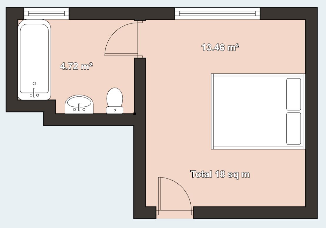 A 4.72 m² bathroom, a 13.46 m² bedroom, and a total area of 18 sq m.