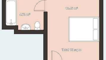 A 4.72 m² bathroom, a 13.46 m² bedroom, and a total area of 18 sq m.