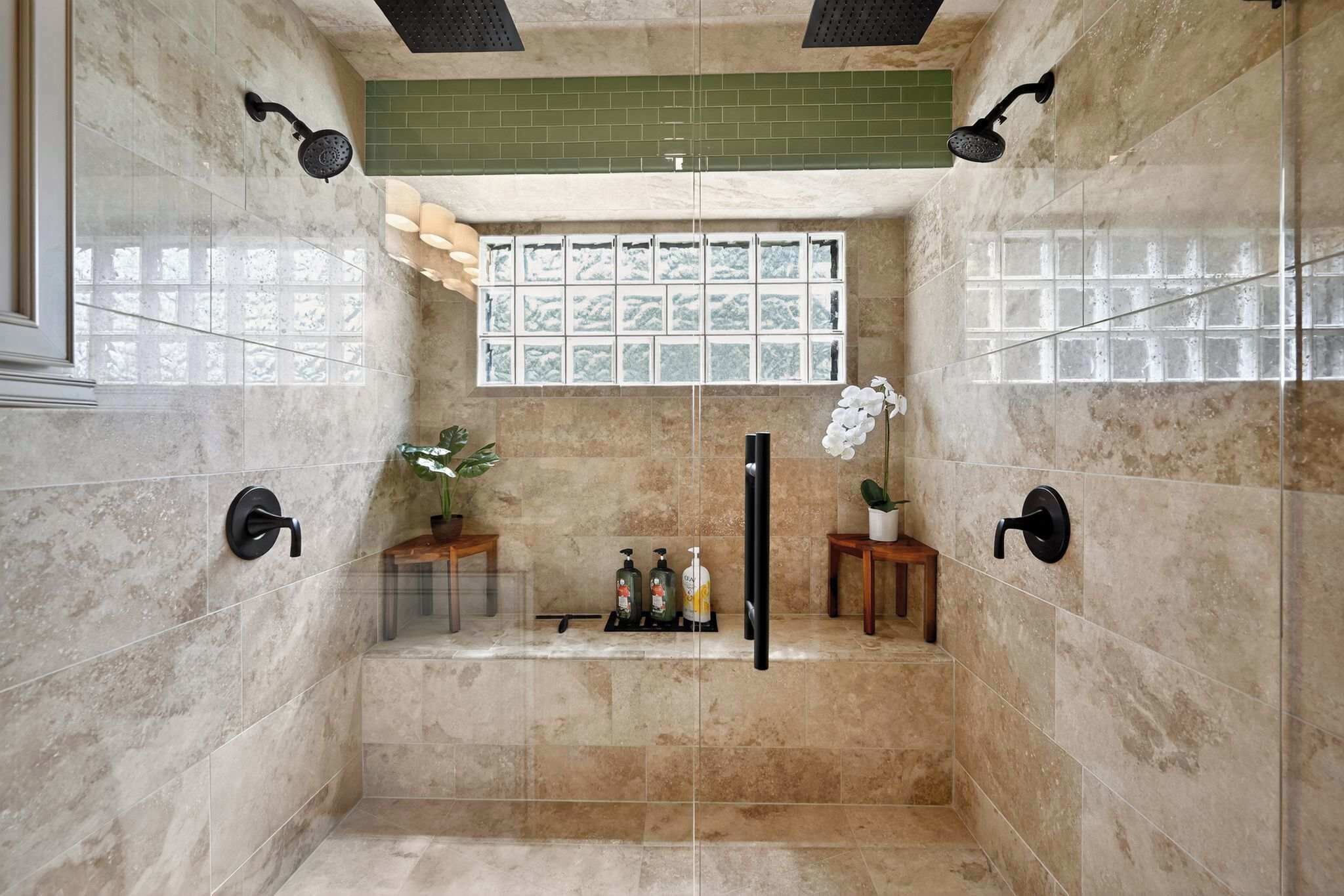 Shower, hair dryer, towels, shampoo