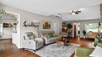 TV, fireplace, books, offices