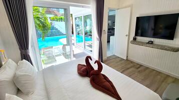 Luxury-Villa, eigener Pool | Bettwäsche aus ägyptischer Baumwolle, hochwertige Bettwaren