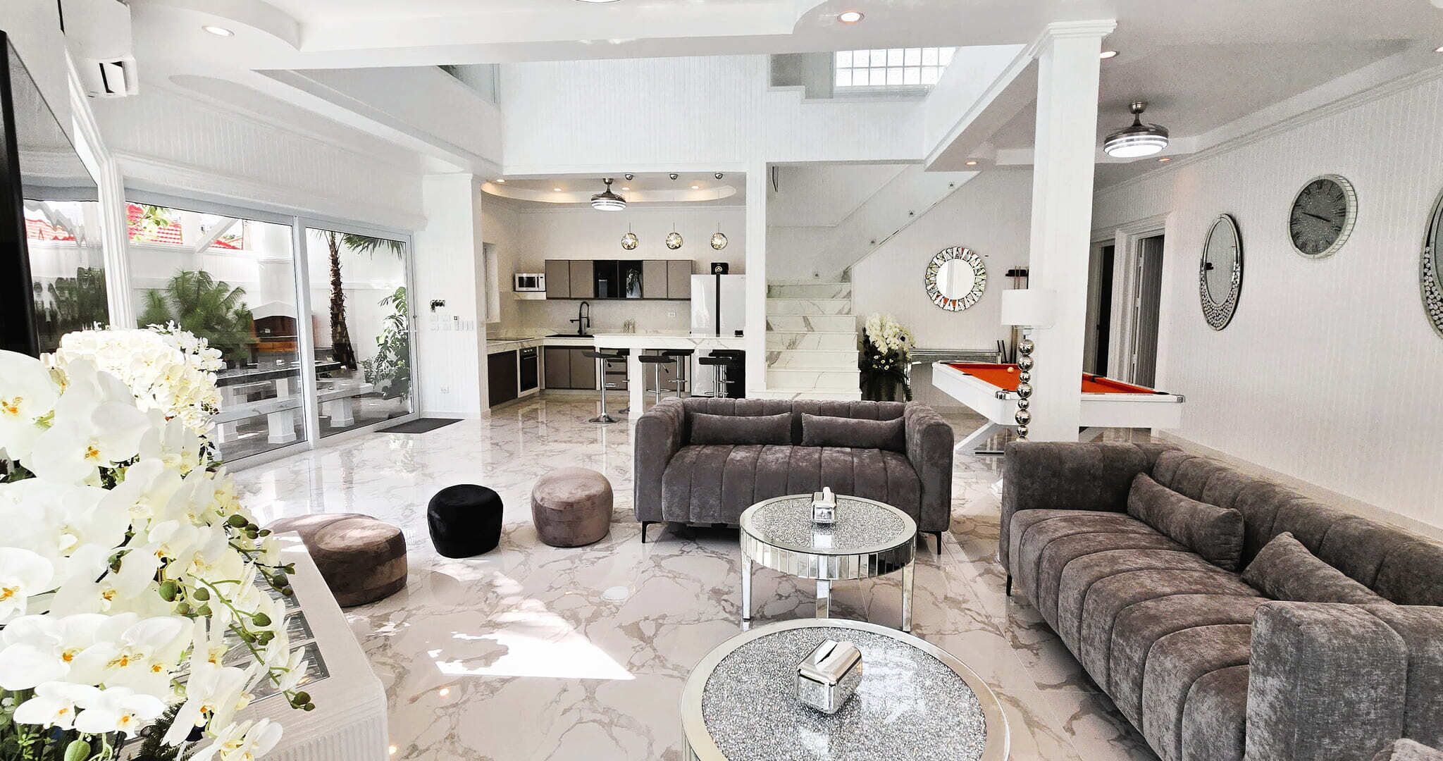 Luxury Villa, Private Pool, Pool View | Living area | 85-inch LED TV with cable channels, Netflix, toys