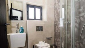 Une salle de bain moderne avec une douche à parois de verre, un lavabo intégré et des toilettes.