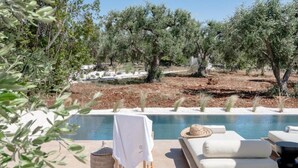 A poolside area with lounge chairs, a small table, and a basket.