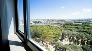 Vista desde una ventana sobre un paisaje con árboles y una ciudad distante.