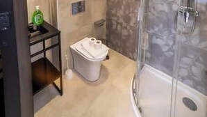 Une salle de bain moderne avec une douche à parois de verre, des toilettes et un lavabo.