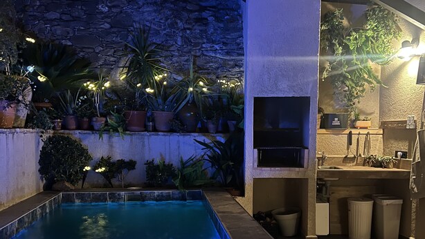 A swimming pool with blue lighting, surrounded by potted plants and a stone wall. - Rural House La Real de Guadalupe (Guadalupe)