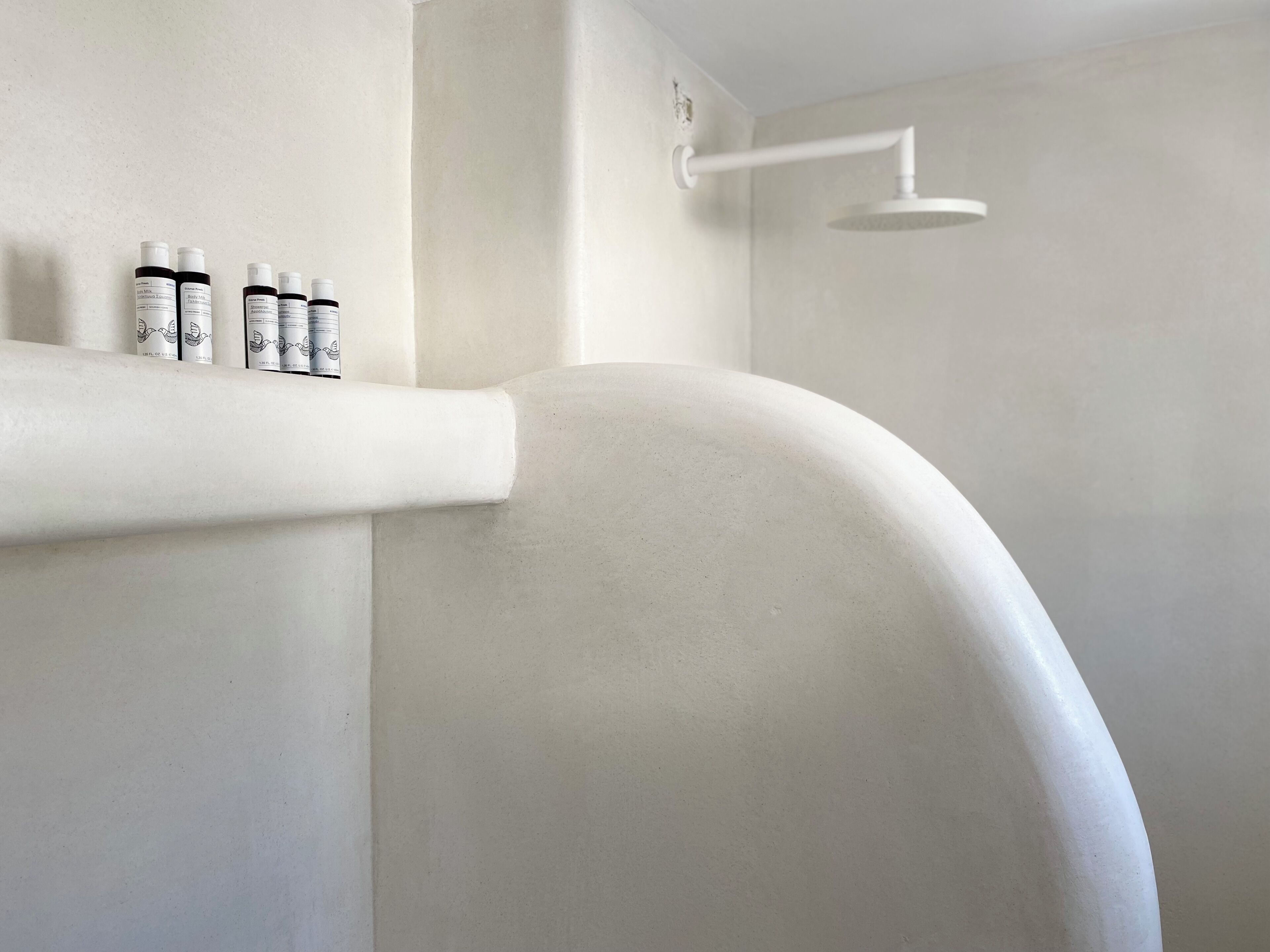 A modern bathroom with a curved shower enclosure, a white wall, and a shelf with toiletries.