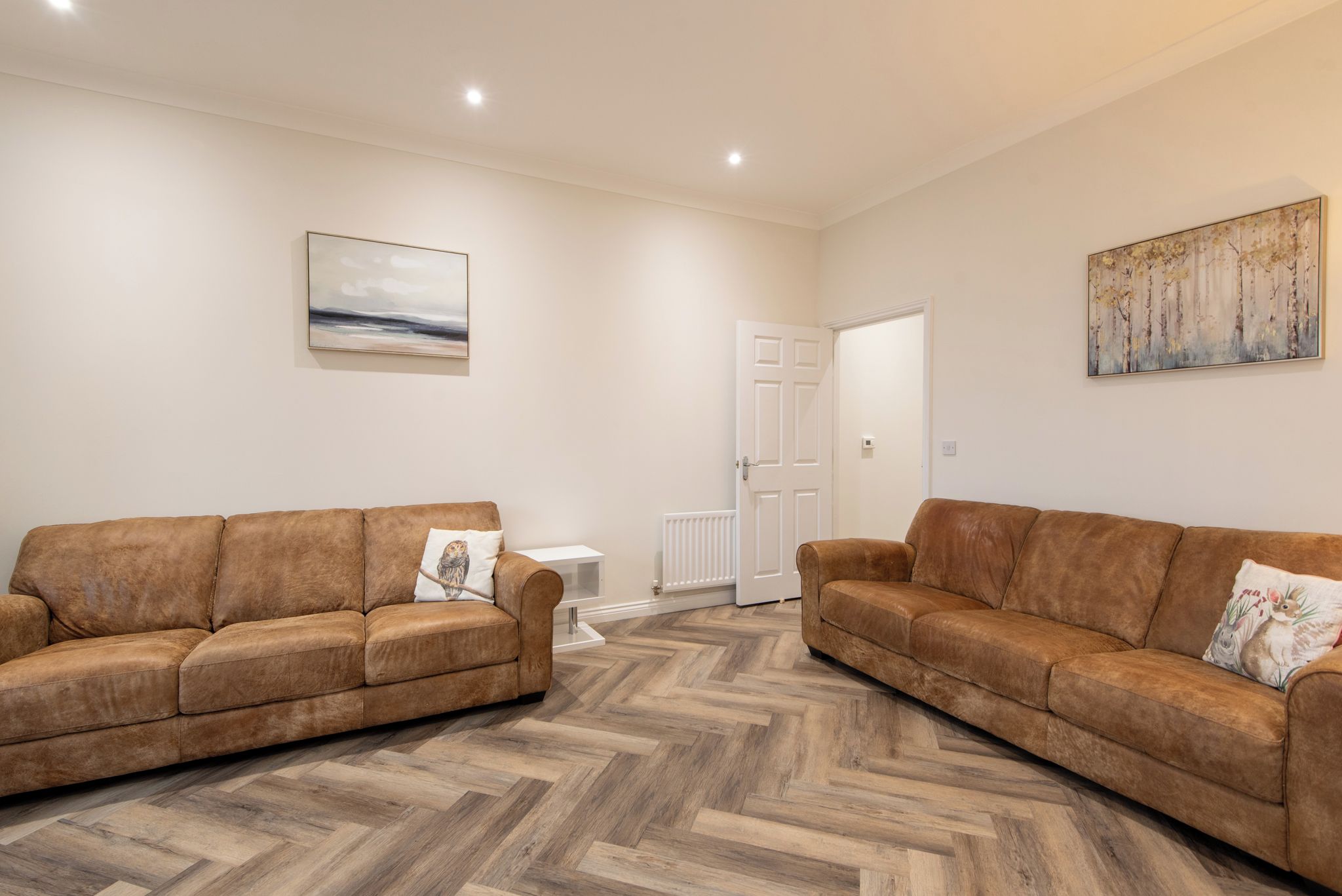 A living room with two brown sofas, a white radiator, and a door in the background.