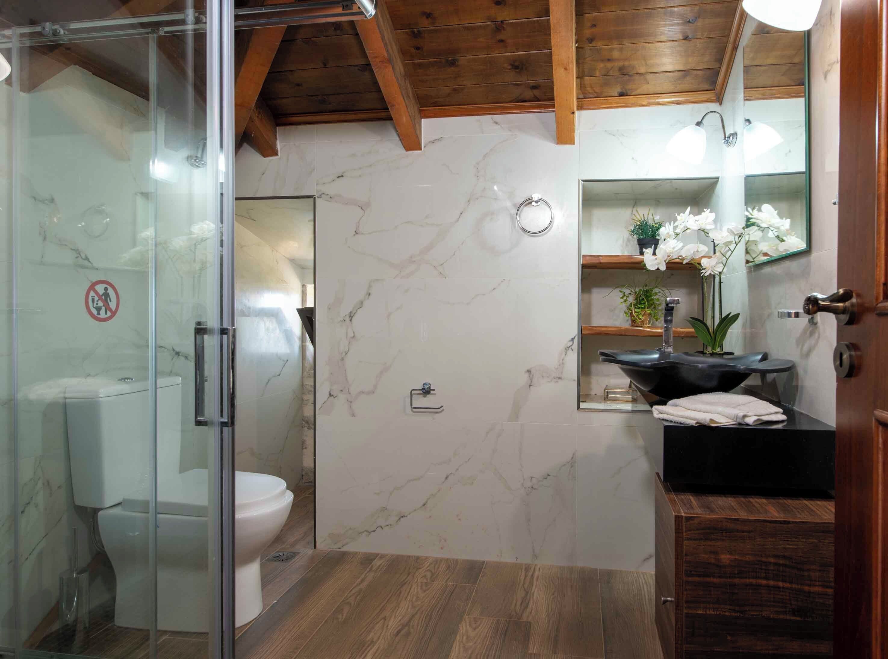 Une salle de bain avec une douche à parois de verre, des toilettes, un lavabo avec un pare- éclaboussures en marbre et un meuble-lavabo en bois.