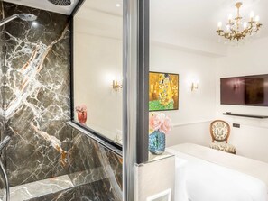 Apartment, City View | Bathroom | Shower, rainfall showerhead, eco-friendly toiletries, hair dryer - Merveil Luxury Suite - Louvre Rambuteau (Paris)