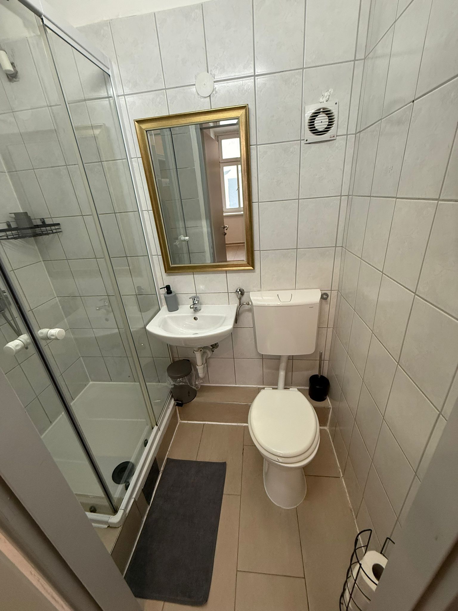 Een kleine badkamer met een douchecabine van glas, een wastafel, toilet en spiegel.