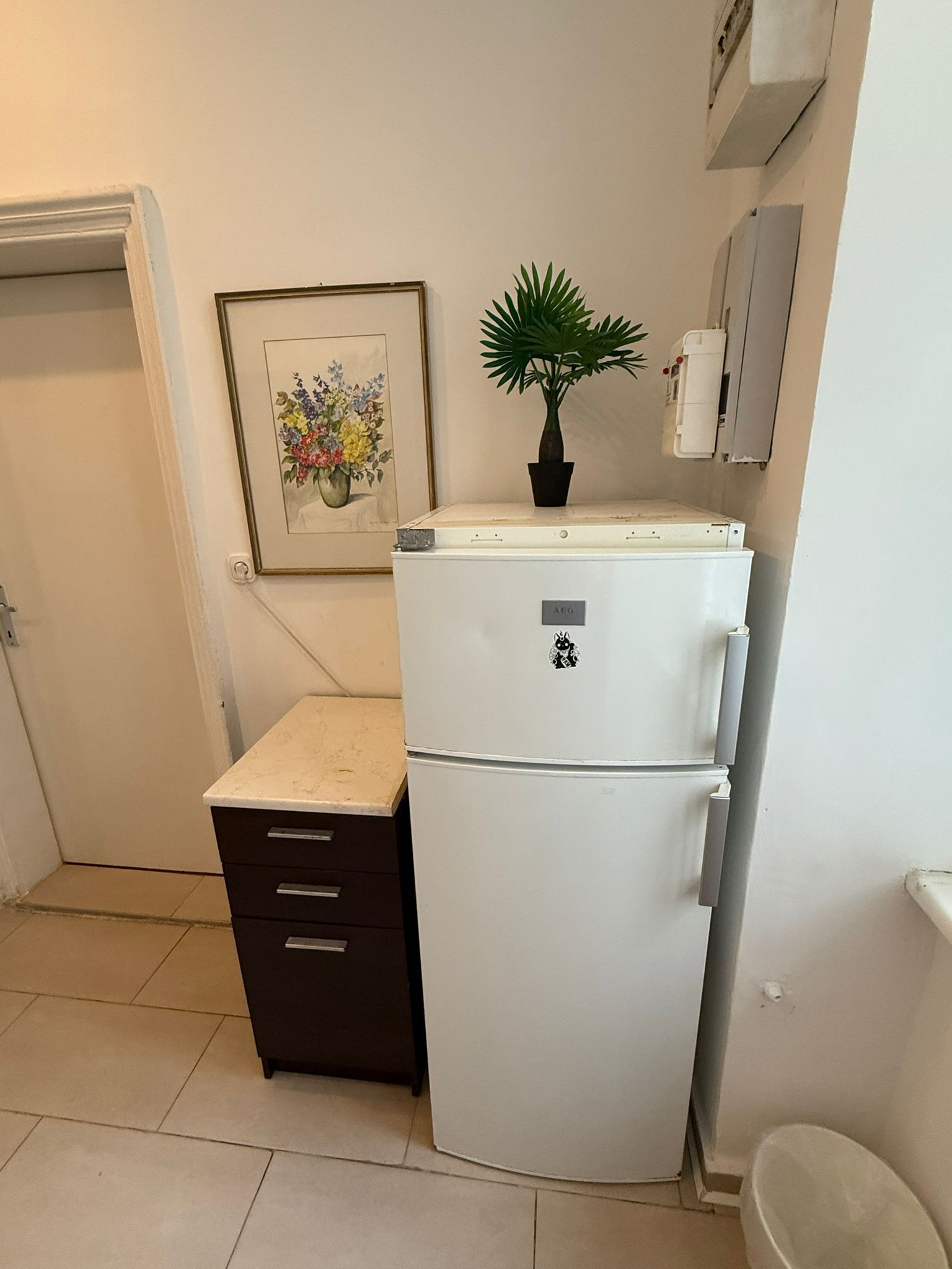 A compact kitchenette with a white refrigerator, a small dark-colored cabinet, a framed floral artwork, and a potted plant on the countertop.