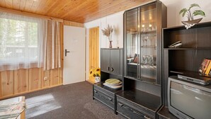 A room with wooden walls, a television, a cabinet with glass doors, and a window with curtains. - Bungalow '7 - Finnhütte' with Private Terrace and Shared Garden (Niesky)