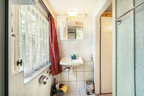 Une salle de bain avec une fenêtre, un lavabo, un miroir et un espace douche.