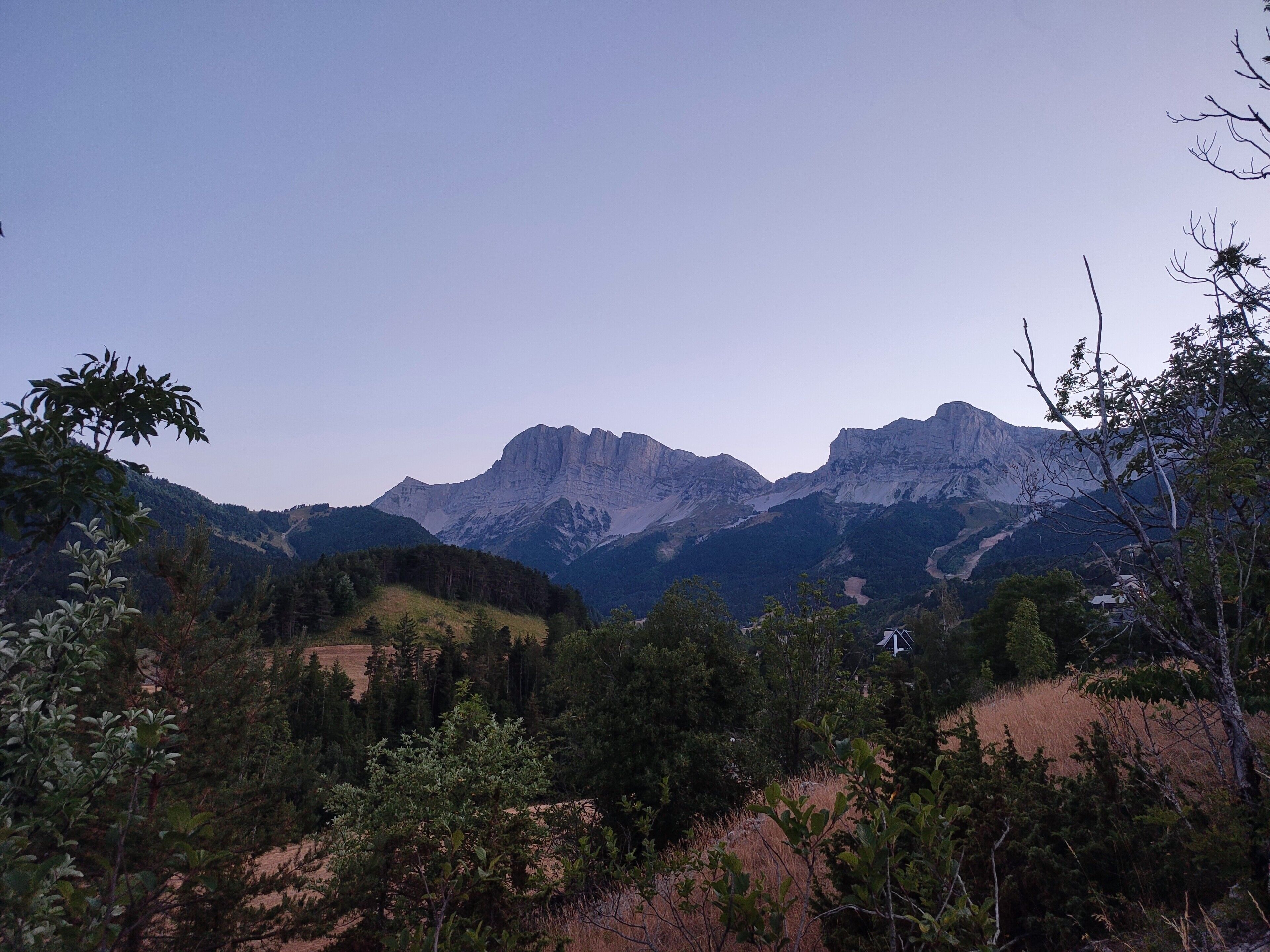 Paesaggio montuoso con fitta foresta e cielo sereno.