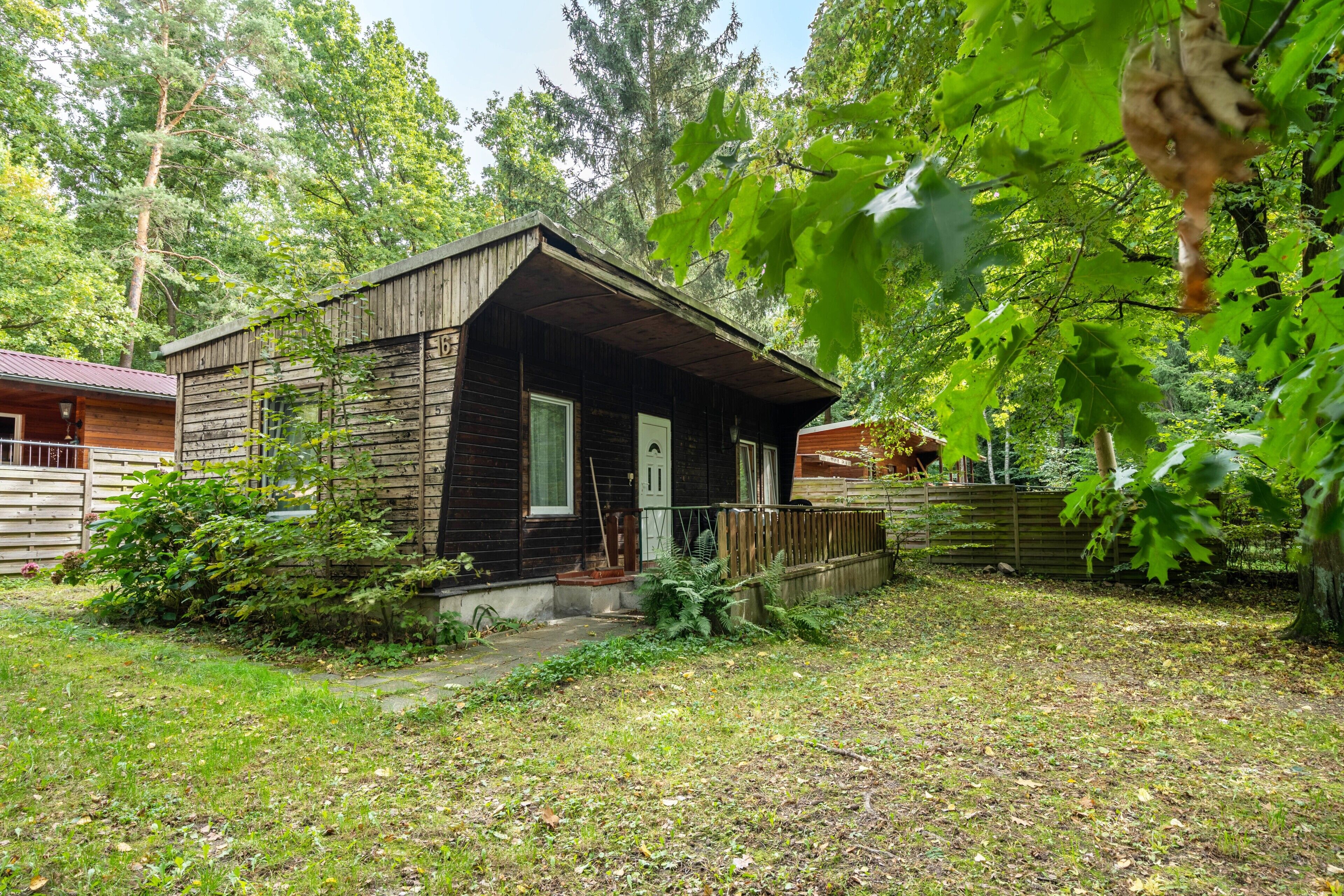 Une cabane en bois dotée d’un porche, entourée d’arbres et bordée d’une pelouse.