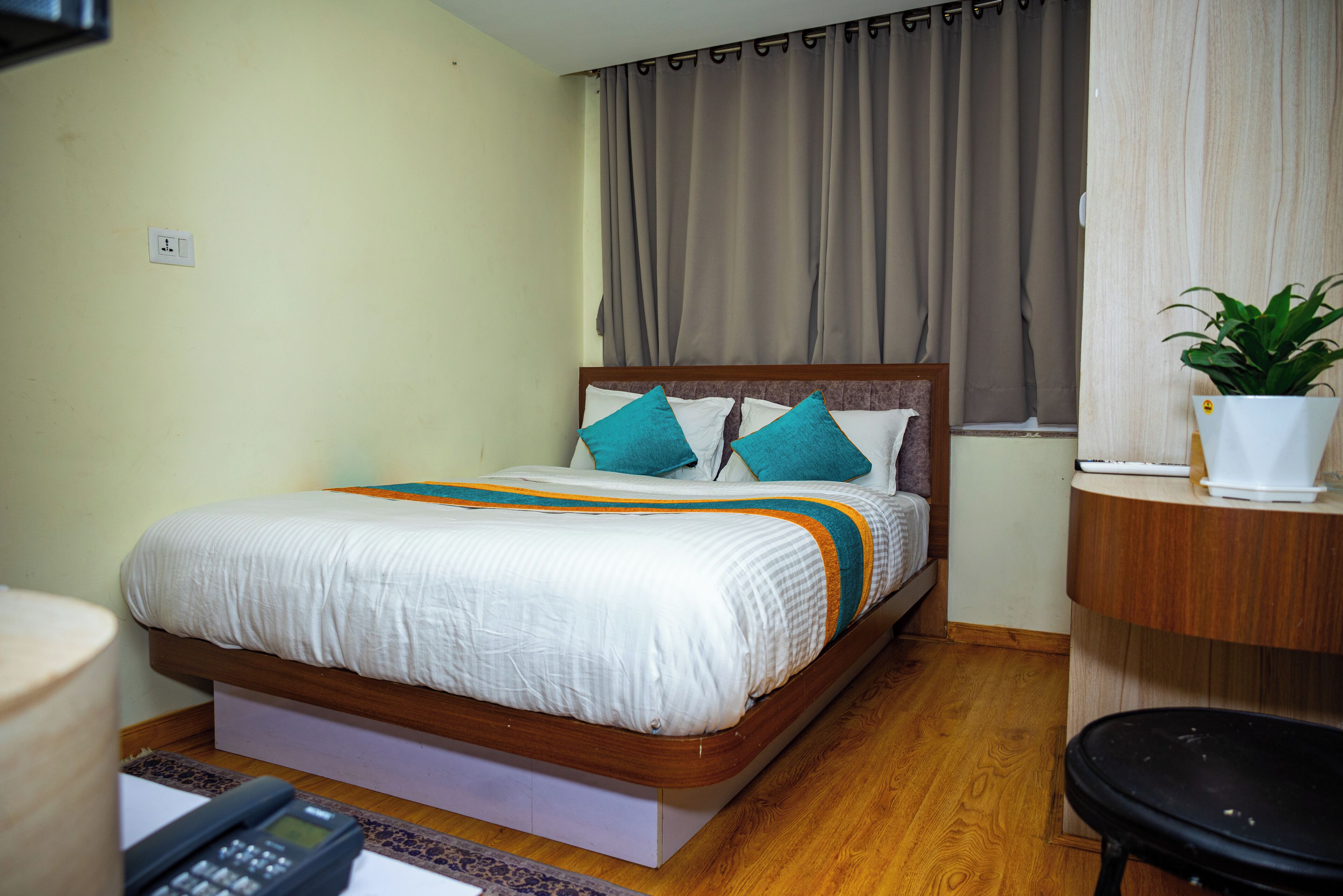A hotel room with a bed, a desk, a chair, a potted plant, and a window with curtains.