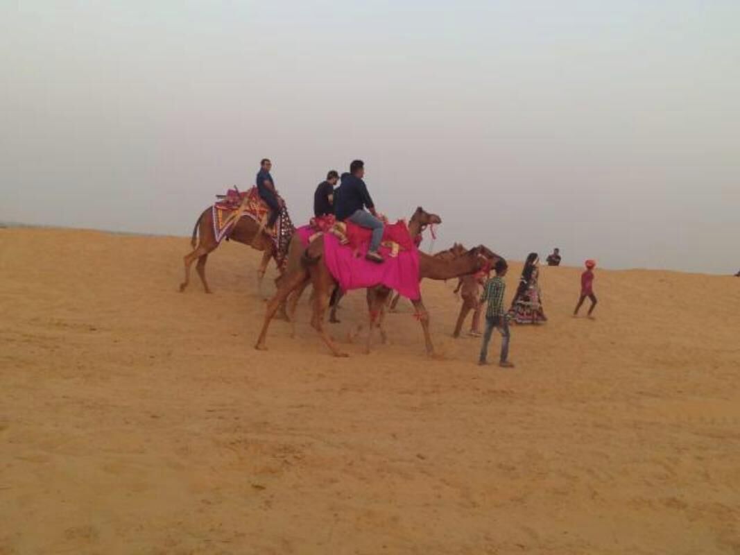 A desert scene with camels and people.