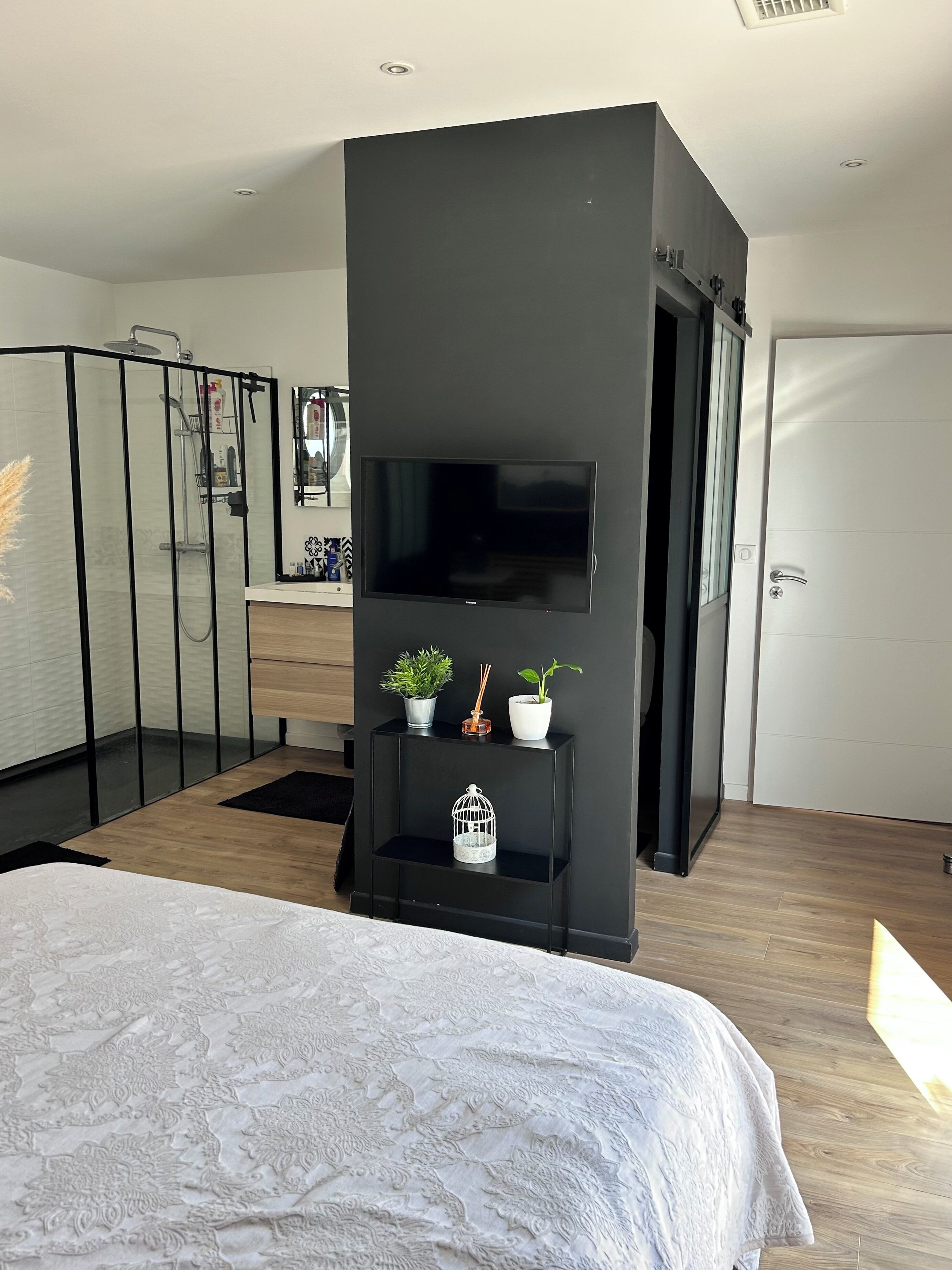 Un dormitorio moderno con una cama grande, un mueble negro para televisor con plantas, una zona de ducha y una puerta blanca.