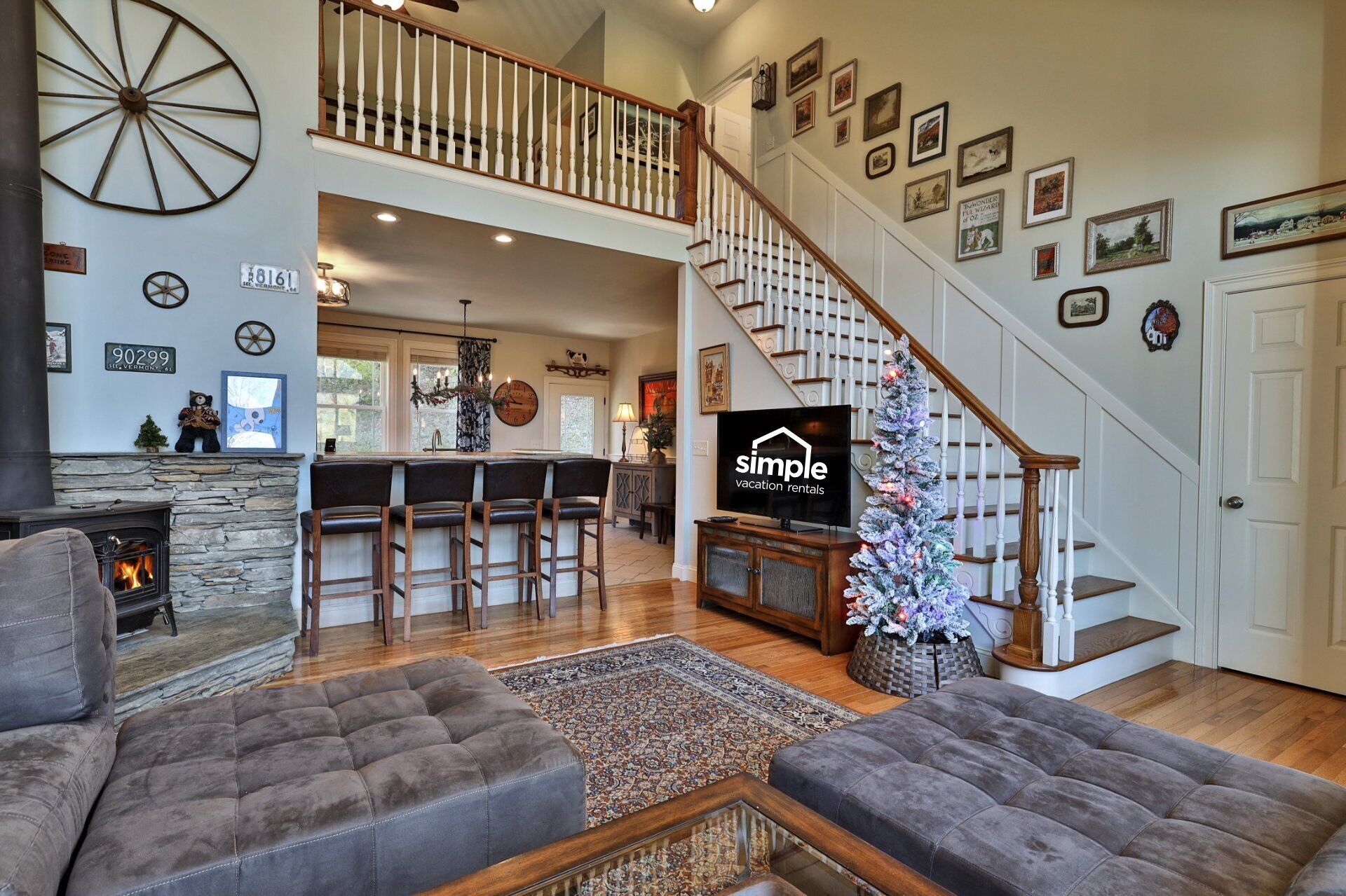 Smart TV, fireplace, video games, DVD player