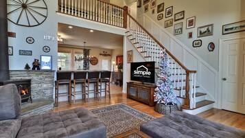 Smart TV, fireplace, video games, DVD player