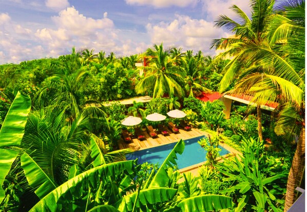 Un resort tropical con piscina rodeada de exuberante vegetación y palmeras.