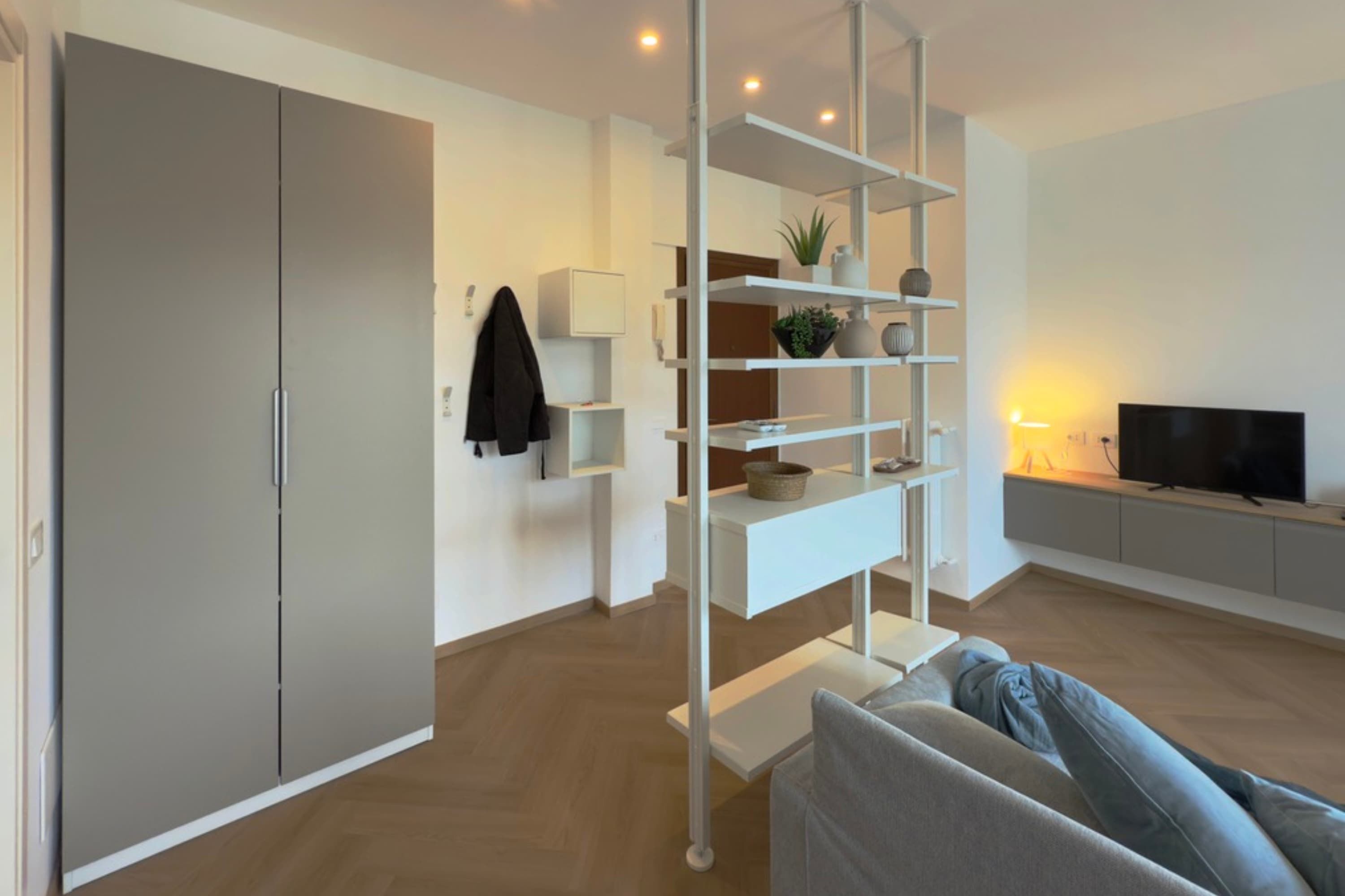Un salon moderne avec un canapé gris, une étagère blanche, un téléviseur et une armoire.