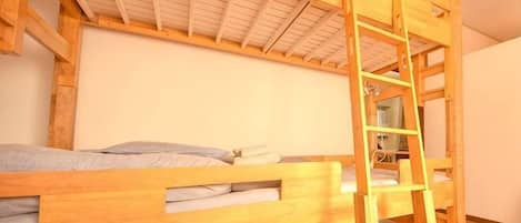 A bunk bed with a ladder, wooden walls, and a white ceiling.