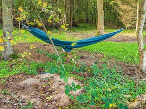 A hammock tied between trees in a forested area with green foliage and a dirt ground. - 4 Star Holiday Home in Ry (Ry)