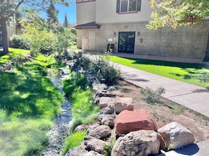 A landscaped area with a small stream, rocks, and a building with a door and windows.