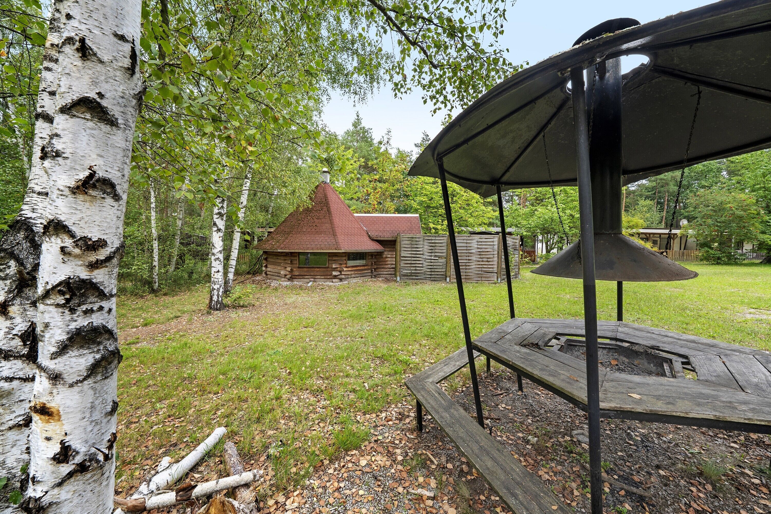 A wooden deck with a fire pit, a birch tree, and a cabin in the background.