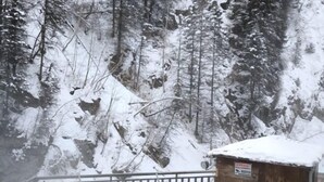 A wooden cabin with a hot tub and a small pool, surrounded by snow-covered trees and a rocky mountain backdrop. - Guest House Discovery (Almaty)
